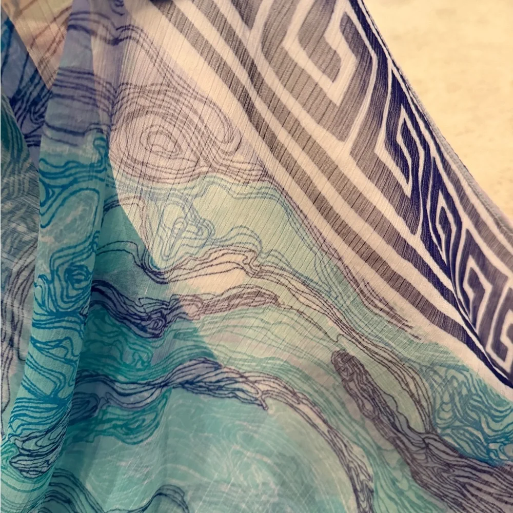 H&M Blue Teal Sheer Sarong Scarf Greek Key Beach Cover Up 4x6